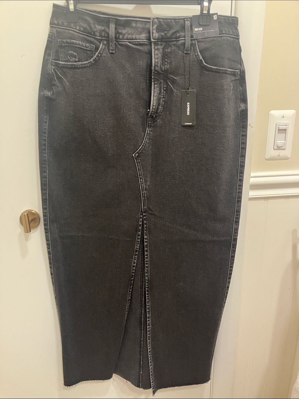 Express Women's Black Washed Denim Maxi Skirt with Front Slit